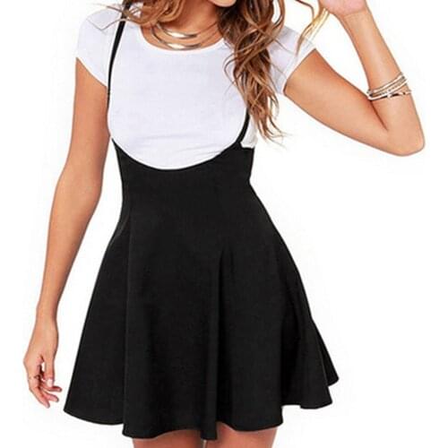 Women Black Skirt with Adjustable Shoulder Straps Pleated Skirt Suspender Skirts High Waist Mini School Skirt