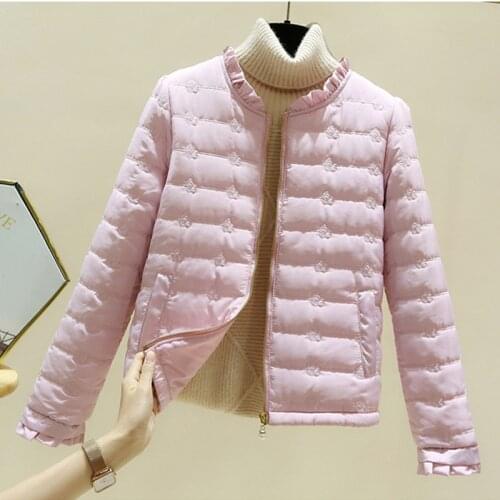 Spring Autumn Polyester Womens Down Jacket Stand Collar Long Sleeve Cardigan Pockets Slim Solid Fashion Office Lady Down Jacket
