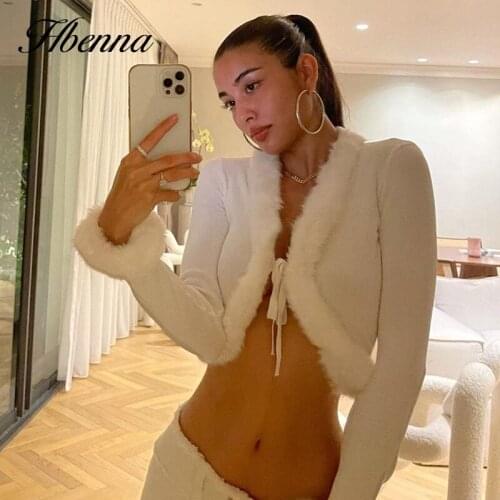Hbenna Fur Collar Patchwork Ribbed Long Sleeve Crop Cardigan Front Lace Up Streetwear Sexy V-Neck Women 2021 Autumn Top Clothes