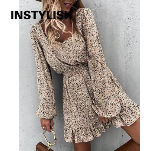 Women Boho Floral Dress Casual Lantern Sleeve Square Collar Ruffles A Line Sundress Oversized Party Beach Elegant Mini Dress