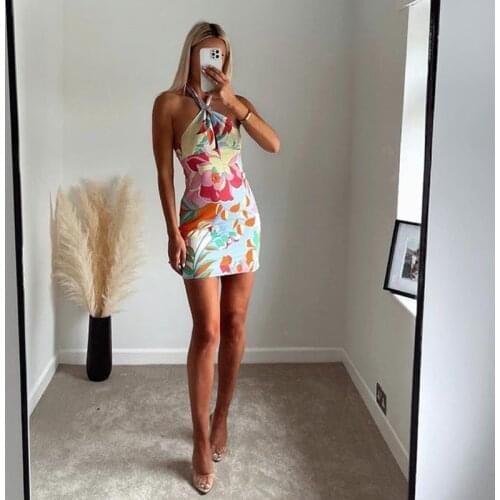 XEASY Za 2021 Women Print Halter Dress Summer Short Dresse Elegant Backless Sleeveless Mini Strappy Bow Dresses Vestidos Mujer