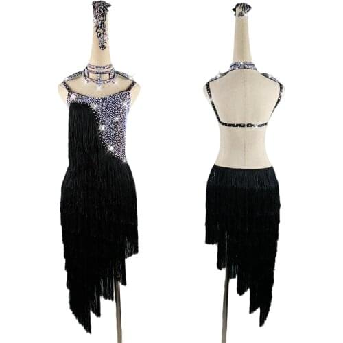 New Black Latin Dance Dress Women Performance Clothing Shiny Rhinestone Sexy Fringed Backless Dance Dresses Customizable Size