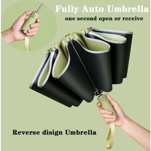 Upgraded 90 Pints Automatic Reverse Folding Umbrella Windproof Safety LED Fluorescence Strip Anti-UV Parasol for Business Fully