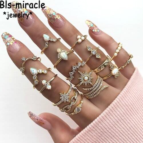 2020 Vintage Gold Geometry Crystal Sun Opal Crown Ring Sets For Women New Boho Adjustable Fashion Rings Female Valentine Gift