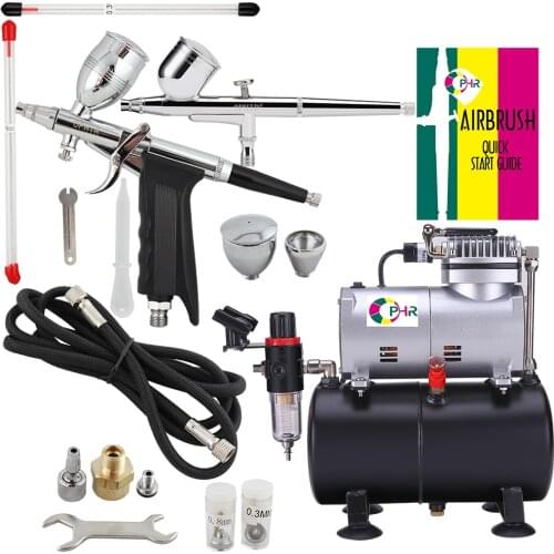 OPHIR 0.3 0.5 0.8mm 2-Dual-Action Airbrush Kit w/ Tank Air Compressor Spray Gun for Model Hobby Temporary Tattoo _AC090+004A+069