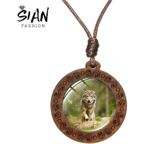 SIAN Punk Wild Wolf Rope Chain Wood Necklace Wolf In The Forest Glass Dome Long Pendant Necklaces High Grade Cool Animal Jewelry