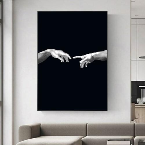 Hand of God Creation of Adam Black & White Canvas Painting Print on Canvas Wall Art Pictures for Living Room Decor (No Frame)