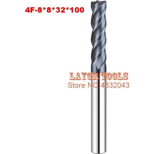4F-8*8*32*100, 4 Flute Long Solid Carbide End Mill ALTiN Coat, Milling Cutter, CNC Lathe Tool, Router Bits for Metal Cutting