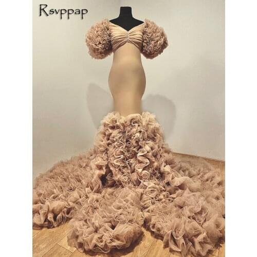 Long Champagne Evening Dress 2020 Mermaid Short Sleeve Ruffles Tulle African Pregnant Women Cape Maternity Formal Evening Gowns