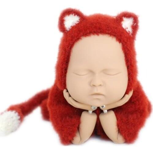 Newborn Fox Outfit Newborn Fox Hat Knit Chunk Baby Photography Romper Fluffy Fox Bonnet Baby Onesie Boys Clothes Overalls Props