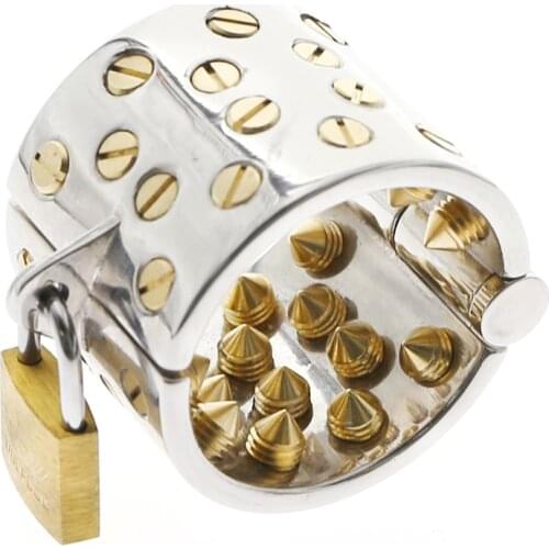 KALIS TEETH Cock Ring with 4 Rows Golden Spikes Tooth Scrotum Pendant Chastity Device Cage Male Torture devices C049D