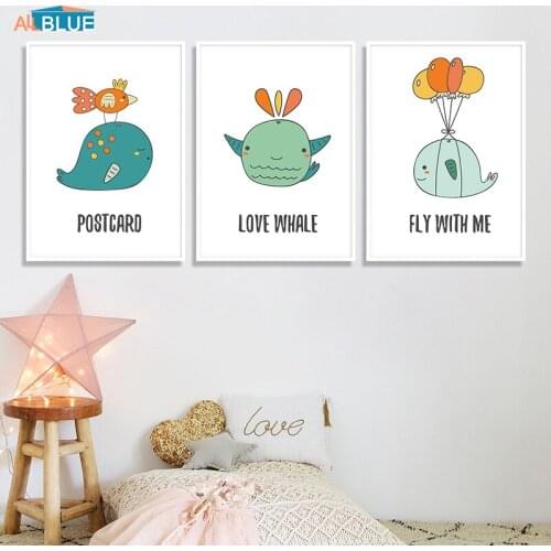 Fly Whale Balloon Nursery Nordic Poster Prints Baby Cartoon Wall Art Canvas Painting Children Wall Pictures For Kids Room Decor