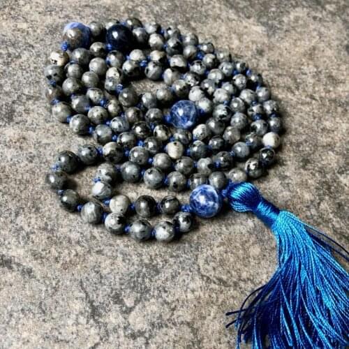 6MM Labradorite And 8MM Sodalite 108 Mala Beaded Necklace Handmade Tassel Jewelry For Men Hand Knotted Necklace Gift