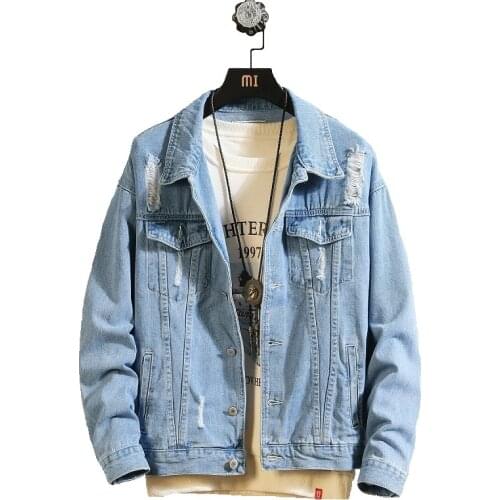 Men Light Blue Denim Jackets New Spring Autumn Men Holes Denim Coats Male Outwear Casual Loose Jean Jackets Size 4XL