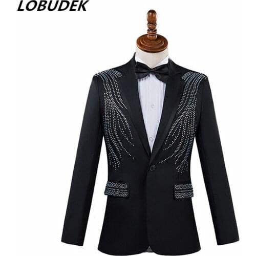 Men Suits Crystals Blazers Pants suit Vocal Concert singer Chorus performance Costume Wedding Master Prom Compere stage outfits