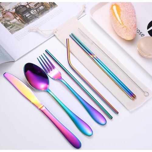 Stainless steel knife fork spoon straw chopsticks portable bag set outdoor travel spoon chopsticks tableware