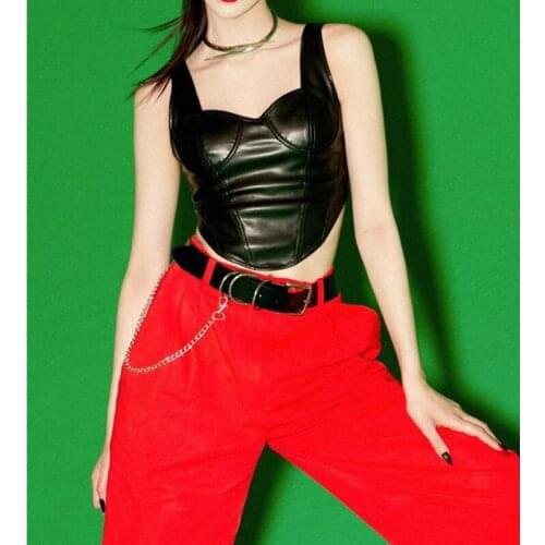 New 10.26 2021 Autumn High Street Temperament Fashion Sexy Slim PU Leather Tanks Camisole Tops Women