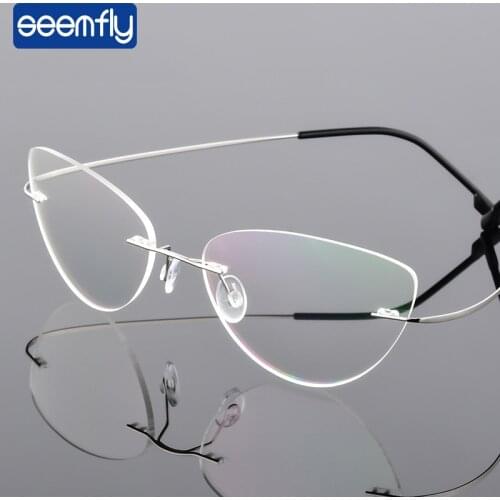 Seemfly Titanium Alloy Ultralight Rimless Glasses Frame Women Vintage Cat-Eye TR90 Memory Titanium Eyewear Female Elegant Frames