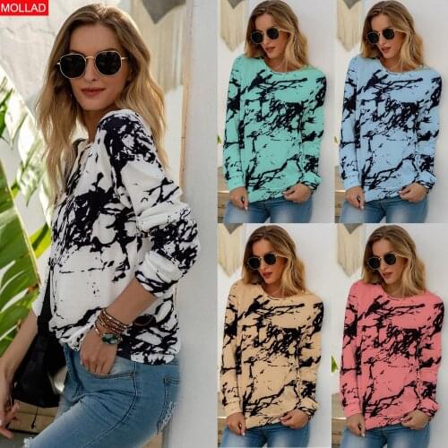 2021 Autumn and Winter European and American Womens Clothing Loose Top Tie-Dyed Printed Long-Sleeved T-shirt for Women