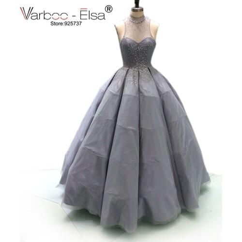 VARBOO_ELSA Luxury Crystal Evening Dresses 2018 Saudi Arab Evening Gowns Sleeveless High Neck Gray Tulle Party Dress Custom Made