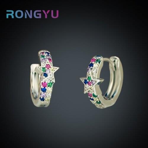 2021 New Trend Pentagram Hoop Earrings For Women Fashion Colorful Crystal Zircon Stars Piercing Earrings Girls K-pop Accessories
