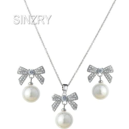 SINZRY Brand Korean jewelry white color cubic zircon bowknot simulated pearl pendant necklace earring jewelry set christmas gift
