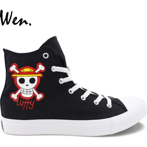 Wen Design Jolly Roger One Piece Hand Painted Anime Black Shoes High Top Woman Mans Canvas Sneakers Boy Girls Sport Footwear