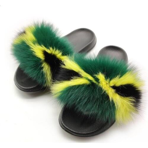 Womens Flat EVA Furry Slippers Real Fox Fur Slides Home Casual Lightweight Fluffy Fur Flip Flops Wholesale Indoor Slippers