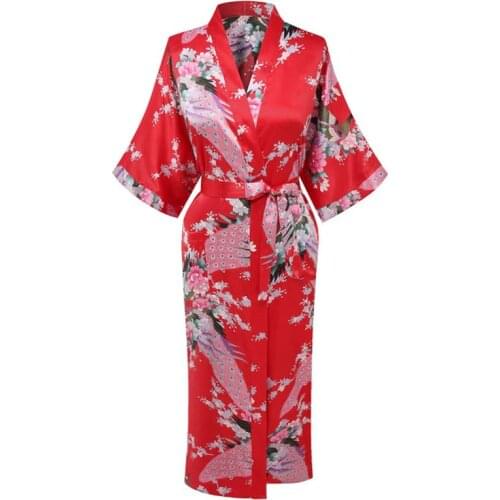 Red Plus Size XXXL Chinese Women Satin Robe Gown Japanese Geisha Yukata Kimono Bathrobe Sexy Sleepwear Flower Nightgown LK02