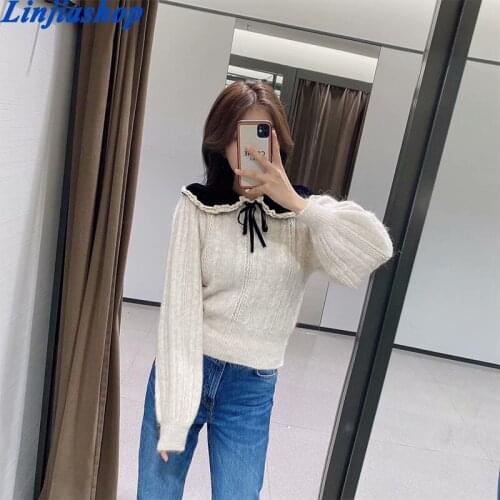 Women 2020 Fashion With Bow Velvet Peter Pan Collar Knitted Sweaters Vintage Lantern Sleeve Female Pullovers Chic Tops