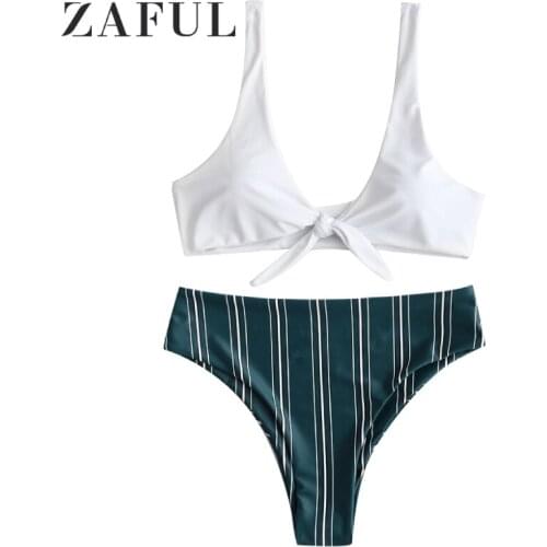 ZAFUL Knotted Bikini Swimwear Women High Waist Swimsuit Tie Front Striped Bikini Set Plunging Neck Padded Biquni Bathing Suit
