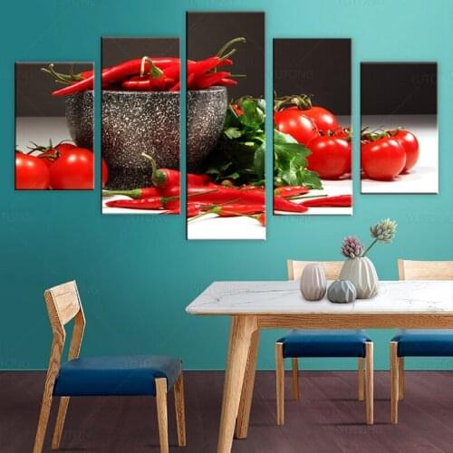 5 Panels Kitchen Theme Decorative Canvas Art Prints Tomato And Chili Realist Modular Pictures Cuadros Wall Decor Canvas Painting