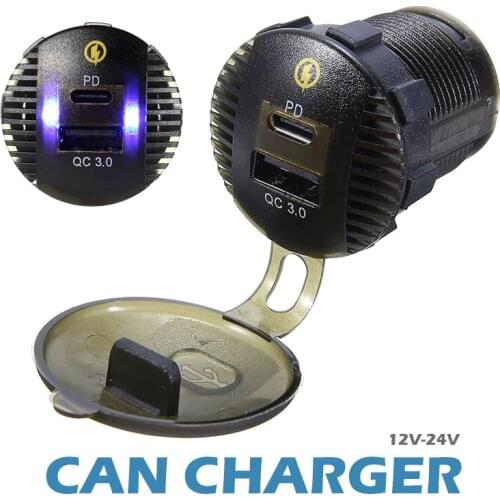 Black USB Type-C Car Charger Socket QC 3.0 Quick Charge for SUV Truck Dual Ports Fast Charging Outlet Plug for Cellphone PC GPS