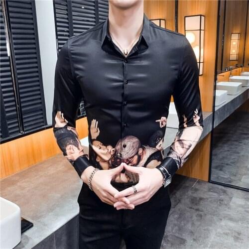 Baroque Slim 2020 Fit Streetwear Socia Party Club Dress Shirt Clothes Men Shirt Long Sleeve Character Print Casual Shirts Men