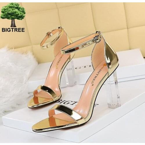 BIGTREE Shoes Patent Leather Shoes Summer Womens Sandals Block Heels Sandals Transparent Heels Sexy Square Heel High Heels 43