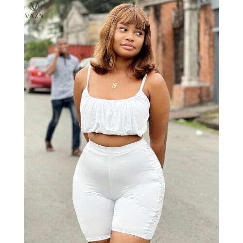 VAZN 2021 Simple Solid Sleeveless Boho Summer Beach Top Tube Shorts 2PCs Set Beach Clothing Ladies Women Suits