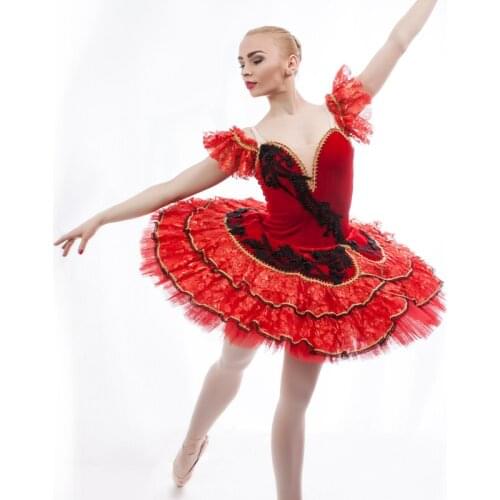 Red Professional Classical Pancake Ballet Tutu Dress,for Girls Ballerina Kitri/Paquita/Spanish Dance Stage Performance Costume