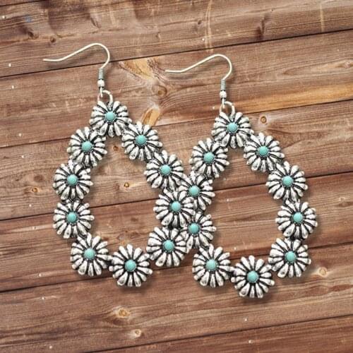 Fashion White Water Drops Turquoises Long Drop Earrings for Women Ethnic Natural Blue Stone Flower Dangle Earring Boho Jewelry