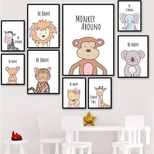 Monkey Elephant Zebra Giraffe Koala Fox Cartoon Nordic Posters And Prints Wall Art Canvas Painting Wall Pictures Kids Room Decor