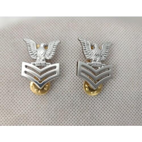 PAIR U.S. NAVY/ MARINE CORPS SILVER METAL COLLAR HAT PIN DEVICE: FIRST CLASS PETTY OFFICER/ E6