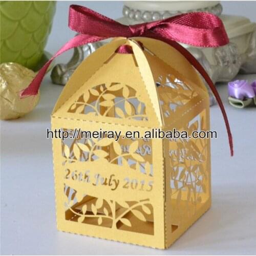 Latest wedding decoration! gold wedding boxes with free ribbon, elegant wedding gift laser cut wedding favour boxes