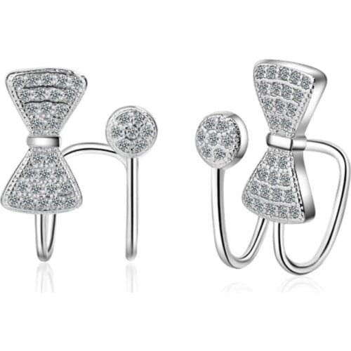 Japanese style simple personality temperament fashion crystal bow short paragraph silver plated ear clips IU012