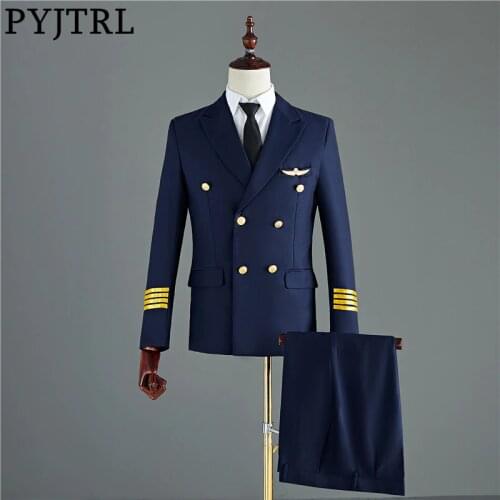 PYJTRL Navy Blue Black Mens Two-piece Captain Suits Jacket And Pants Men Groom Wedding Slim Fit Suit Party Costume Homme Tuxedo