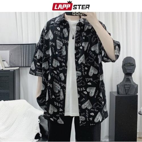 LAPPSTER Men Kawaii Love Harajuku Button Up Shirts 2021 Summer Mens Hawaii Streetwear Short Sleeve Shirts Male Kpop Vintage Tops