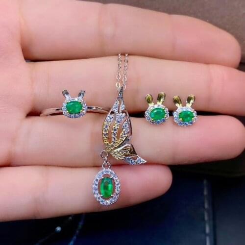 The Best Anniversary Gift Natural Real Emerald Set 925 Sterling Silver 1pc Emerald Ring,2pcs Emerald Earring,1pc Emerald Pendant