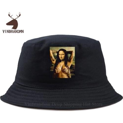 Vinbrandmn Print Tattoo Mona Lisa Fishing hat Black Monalisa Louvre Kust Gemalde Portrait Bucket hat Funny Harajuku Baseball cap
