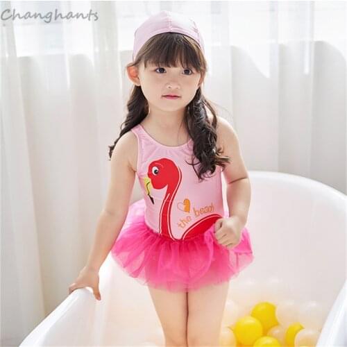 New Model Girls One Piece Swimsuit Pink with Flamingo Print Baby Swimwear Kids Bathing Wear Child Sandy Beach Swimming Suit