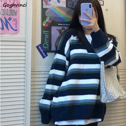Women Sweaters Pullovers Striped V-neck Knitted Warm Students Sweet Lovely Streetwear Loose Soft Chic All-match Korean Fashion