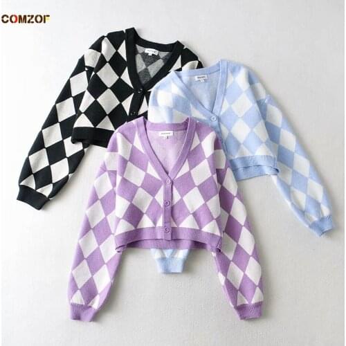 Vintage Plaid V-Neck Cardigan Women 2021 Autumn Loose Crop Tops Long Sleeve Sweater Coats Korean Clothing Jersey Mujer