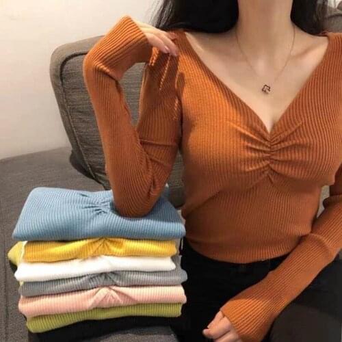 Women Long Sleeves Knit Blouse Casual Solid Knitwear Tops Slim V Neck Knitted Tops